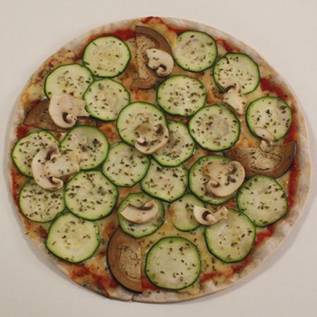 Fresh vegetable eggplant pizza, cabasso, gluten-free pastaselecta champagnes