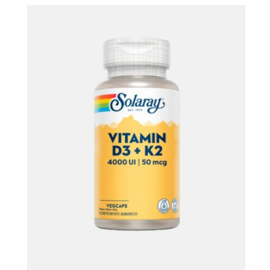 Vitamina D3 + K2 4000 Ui/50mcg Sin Gluten 120cap Solaray - Vitaminas y minerales