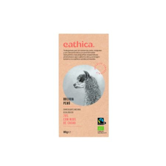 Chocolate 70% cocoa Bolivia Nibs 80gr Gluten Free Eathica ECO - Chocolate and Caramels