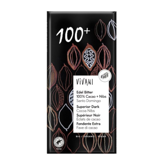 Top Dark Chocolate 100% with Cocoa Nibs 80gr Vivani ECO - Chocolate and Caramels