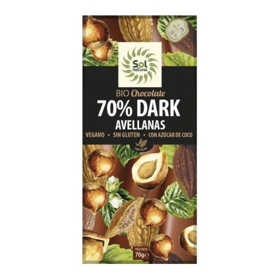 Black Chocolate and Hazelnuts 70% 70gr Vegan and Gluten Free SolNatural ECO - Chocolate and Caramels