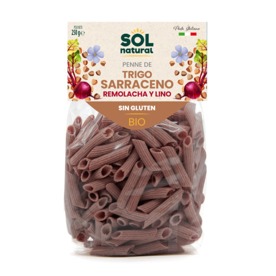Penne de Trigo Sarraceno, Remolacha y Lino sin gluten 250gr Sol Natural ECO - Pasta