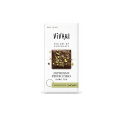 Chocolate Negro 85% con Café y Pistacho con azúcar de coco 80gr Vivani ECO